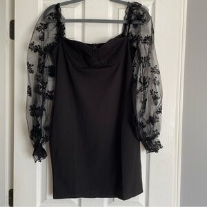 Black Sheer Sleeve Mini Dress with Floral Detail